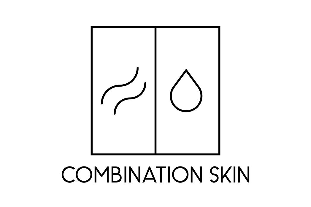 İki bölmeye ayrılmış kutu içinde dalga ve su damlası simgeleri bulunan, altında İngilizce 'COMBINATION SKIN' (Karma Cilt) yazılı minimalist piktogram.