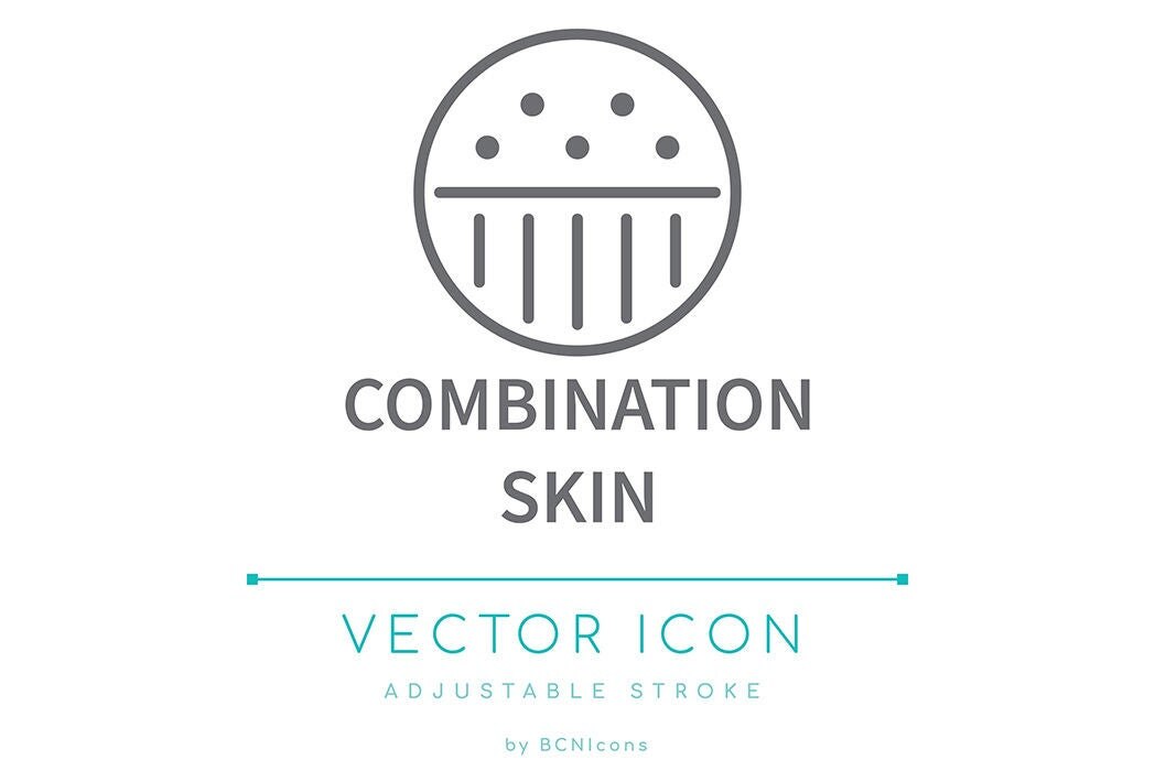 Üst kısmında noktalar, alt kısmında dikey çizgiler bulunan daire sembollü ve altında İngilizce 'COMBINATION SKIN' (Karma Cilt) yazılı vektör ikonu.